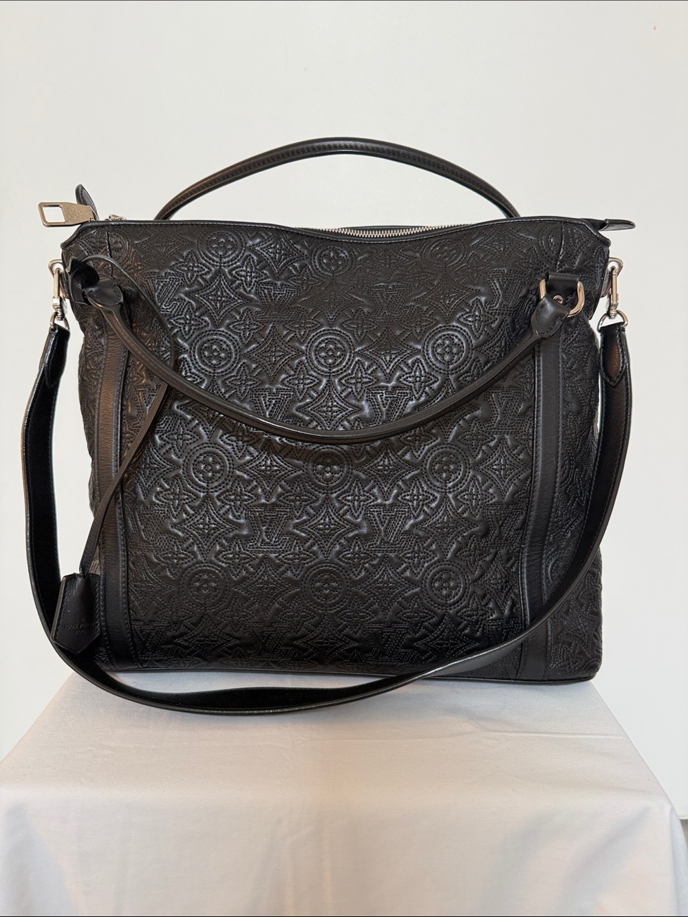 Louis Vuitton Black Embossed Monogram Tote with Adjustable Strap